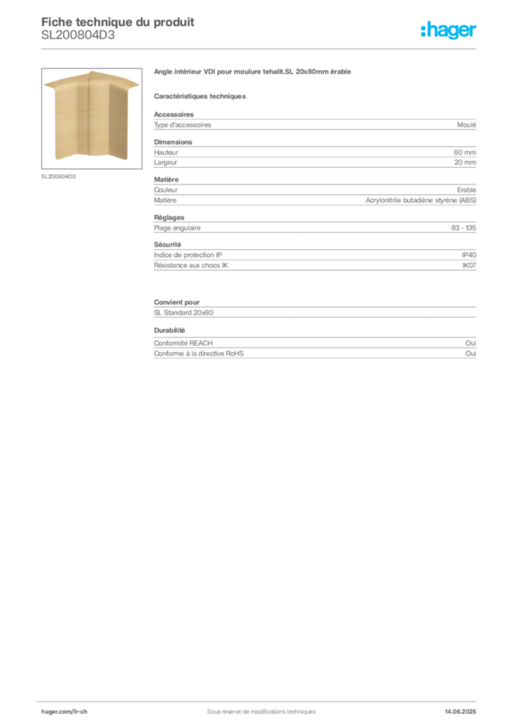 Image Hager Fiche technique du produit SL200804D3 | Hager Suisse