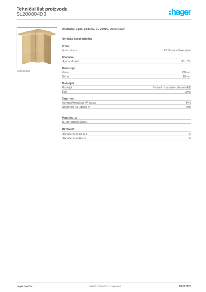 Slika Hager Product data sheet SL200804D3  | Hager