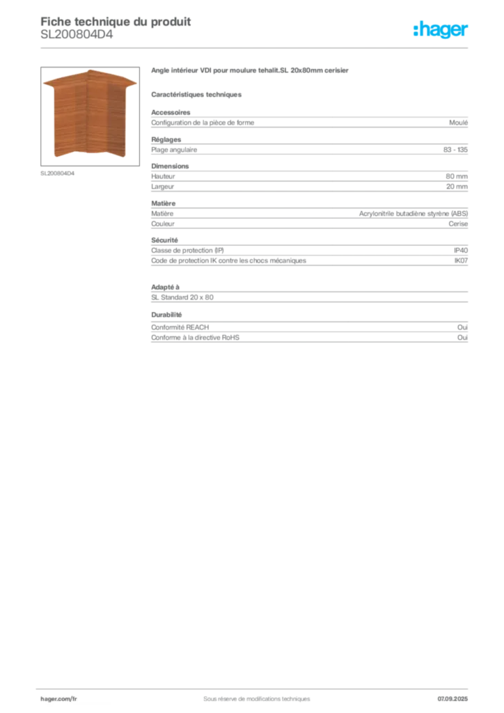 Image Hager Fiche technique du produit SL200804D4 | Hager France