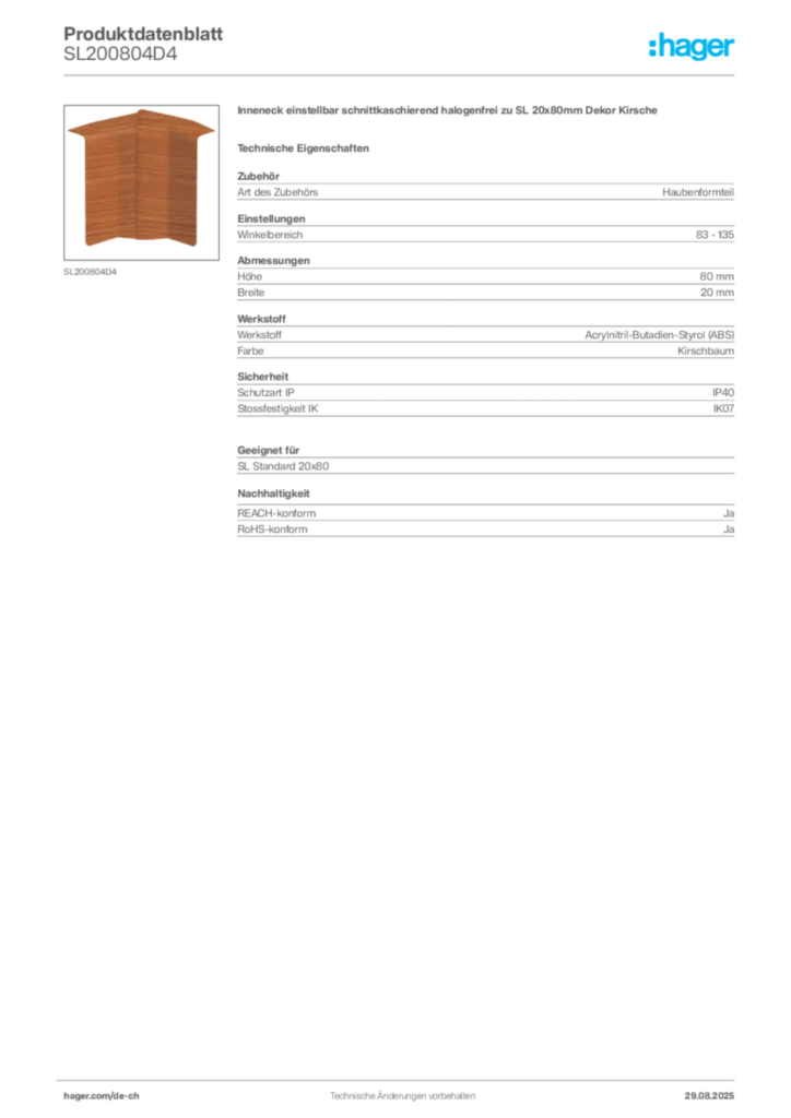 Bild Hager Produktdatenblatt SL200804D4 | Hager Schweiz