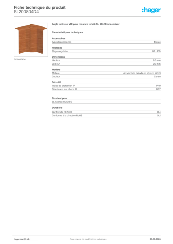 Image Hager Fiche technique du produit SL200804D4 | Hager Suisse