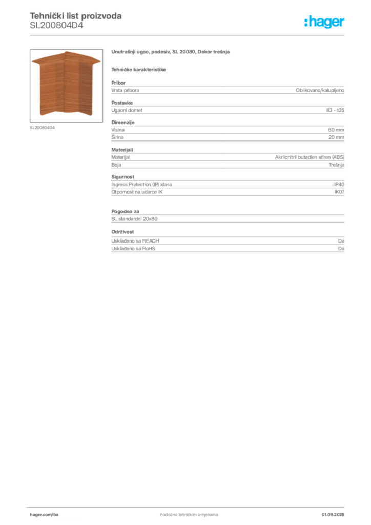 Slika Hager Tehnički list proizvoda SL200804D4  | Hager