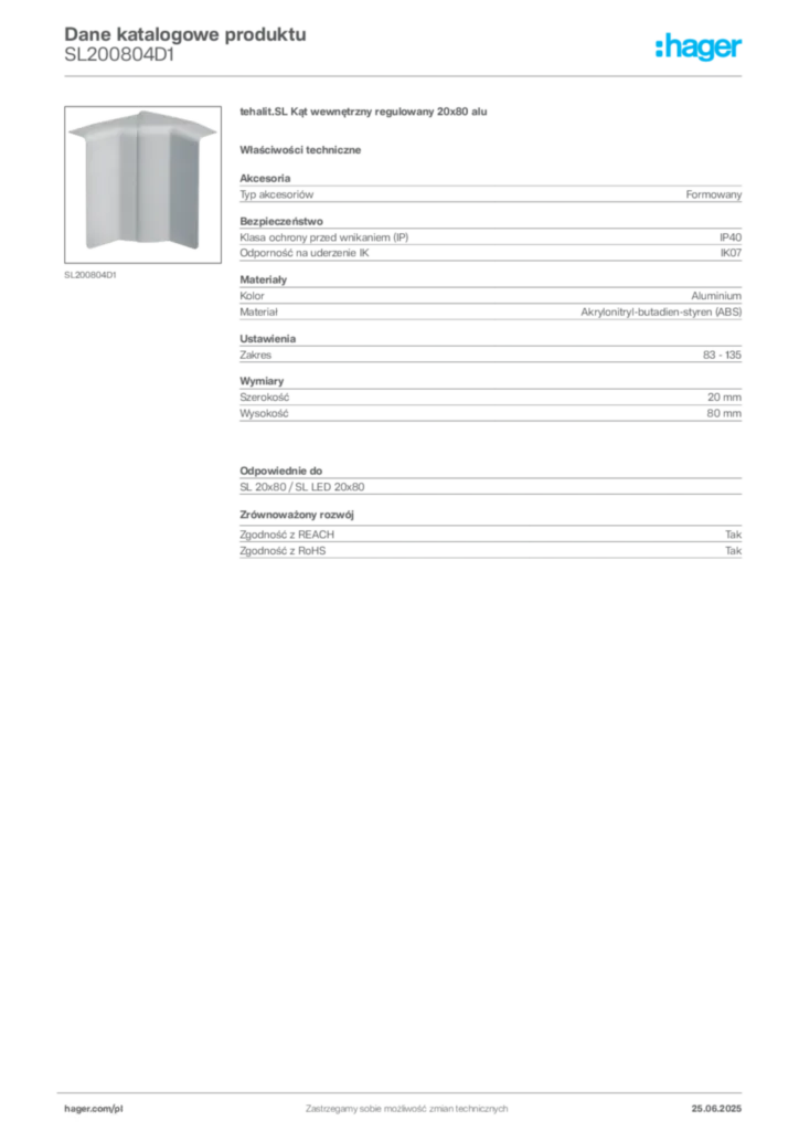 Zdjęcie Hager Karta katalogowa SL200804D1 | Hager Polska