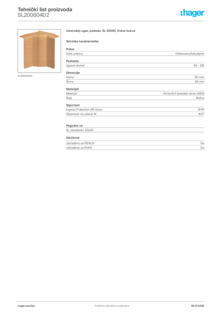 Slika Hager Product data sheet SL200804D2  | Hager