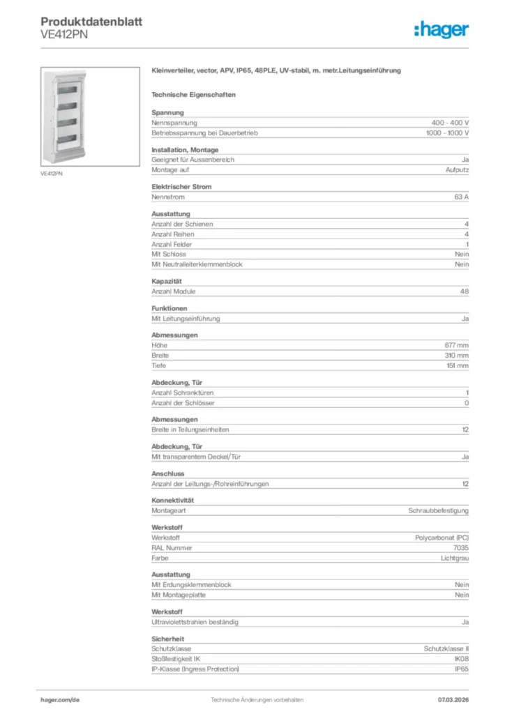 Bild Hager Produktdatenblatt VE412PN | Hager Deutschland