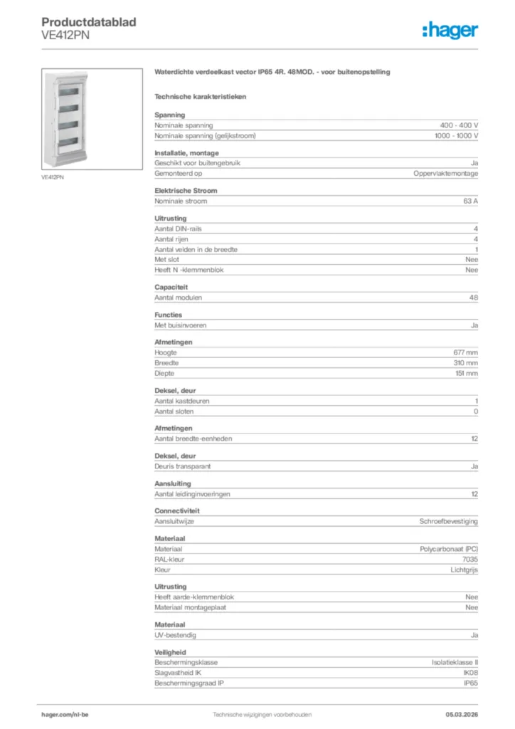 Afbeelding Hager Productdatablad VE412PN | Hager Belgium
