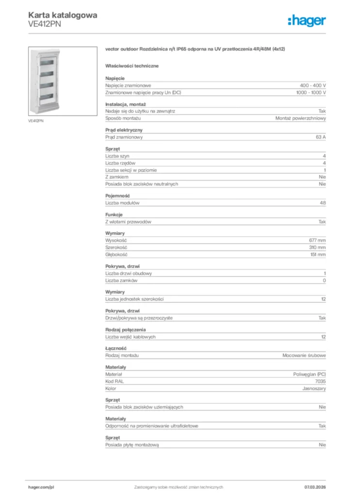 Zdjęcie Hager Karta katalogowa VE412PN | Hager Polska
