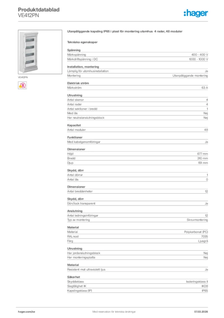 Bild Hager Produktdatablad VE412PN | Hager Sverige