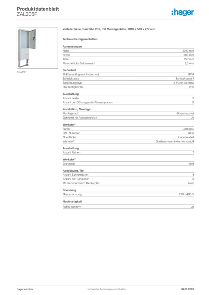 Bild Hager Produktdatenblatt ZAL205P | Hager Deutschland
