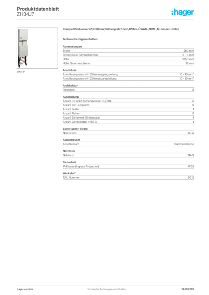 Bild Hager Produktdatenblatt ZH34J7 | Hager Deutschland