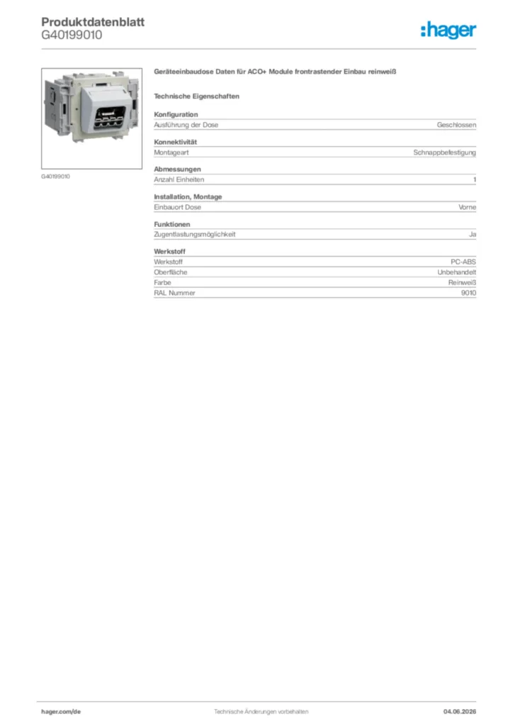 Bild Hager Produktdatenblatt G40199010 | Hager Deutschland