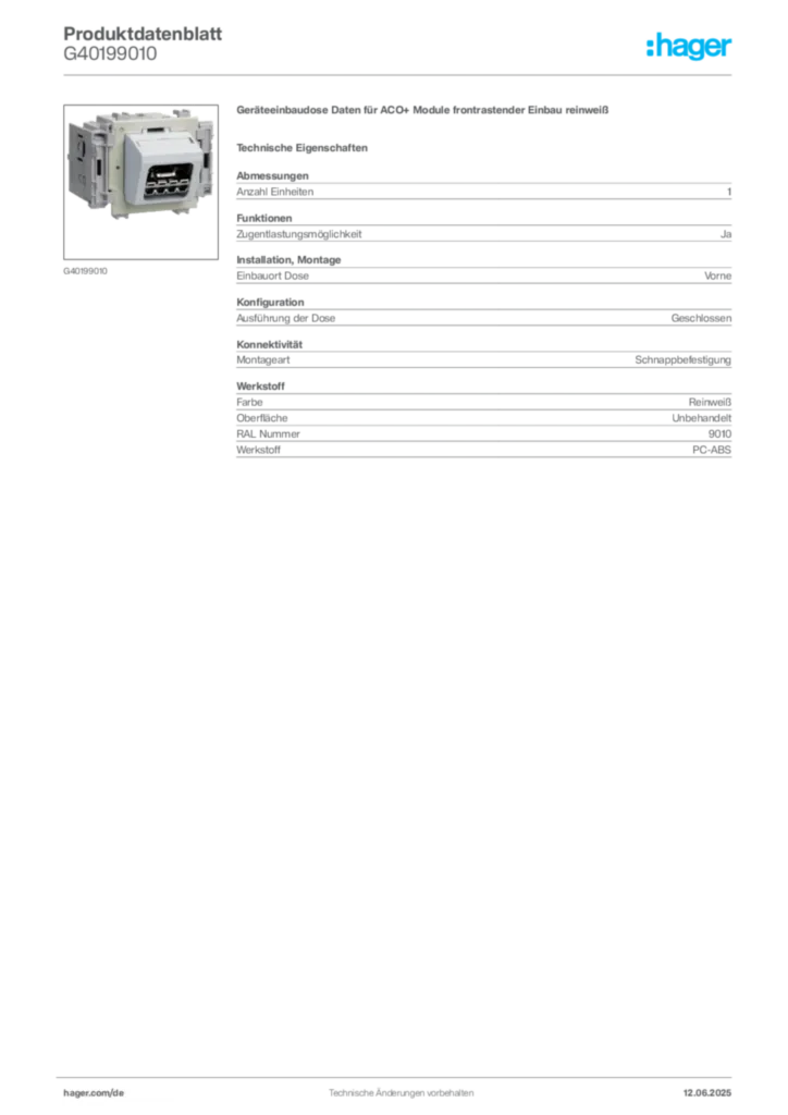 Bild Hager Produktdatenblatt G40199010 | Hager Deutschland