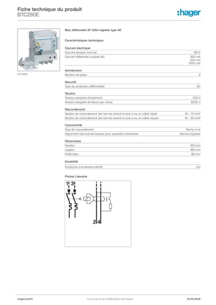 Image Hager Fiche technique du produit BTC280E | Hager France