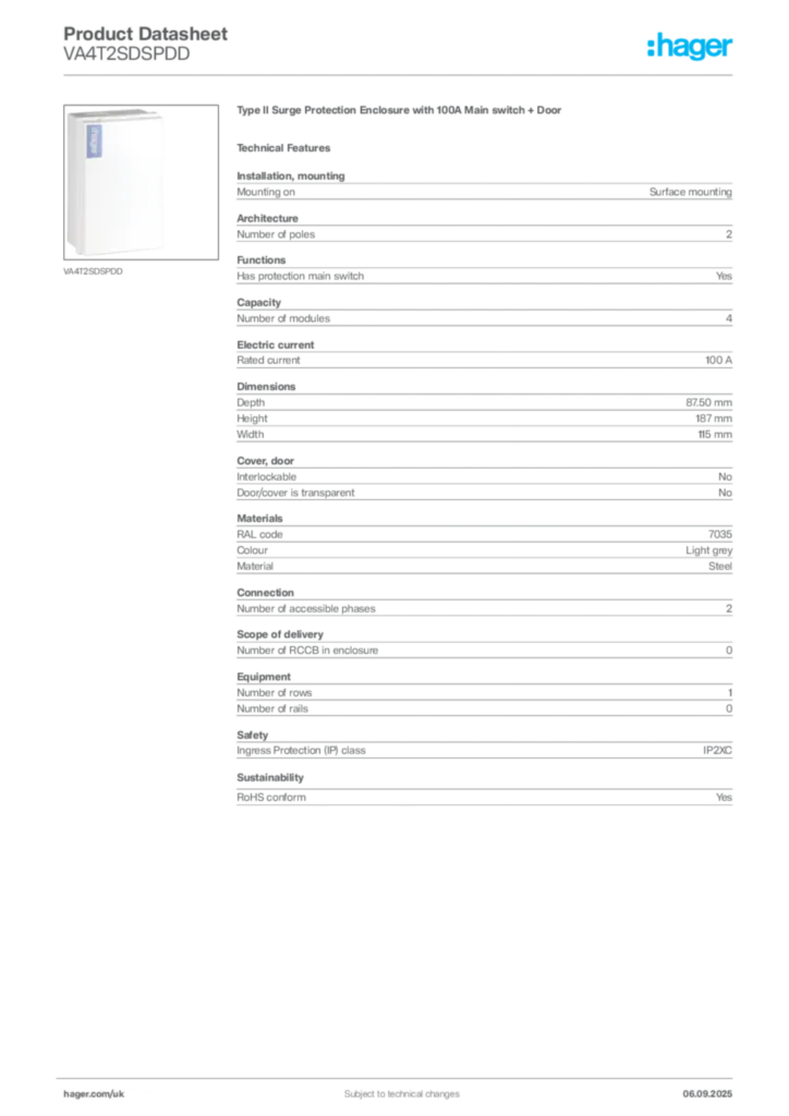 Image Hager Product data sheet VA4T2SDSPDD  | Hager