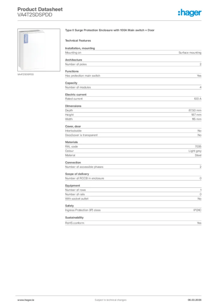 Image Hager Product data sheet VA4T2SDSPDD  | Hager