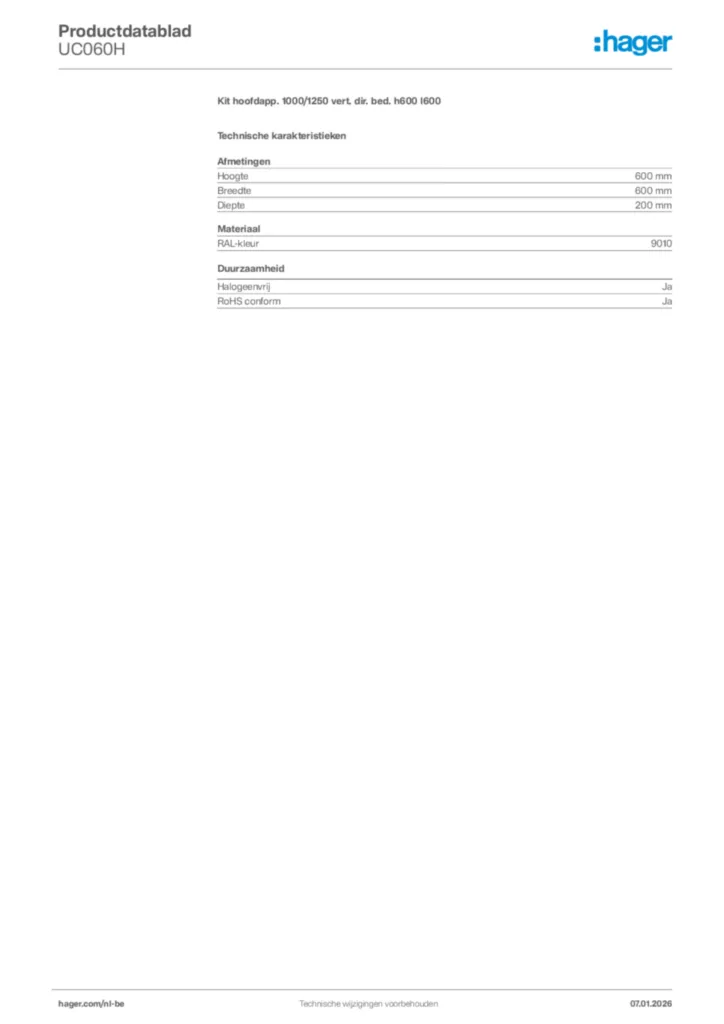 Afbeelding Hager Productdatablad UC060H | Hager Belgium
