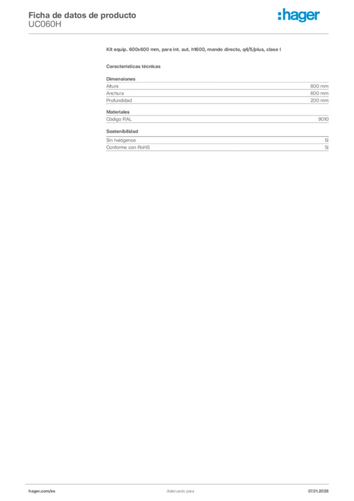 Imagen Hager Ficha de datos de producto UC060H | Hager España