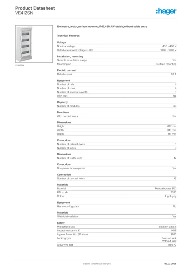 Image Hager Product data sheet VE412SN  | Hager Africa