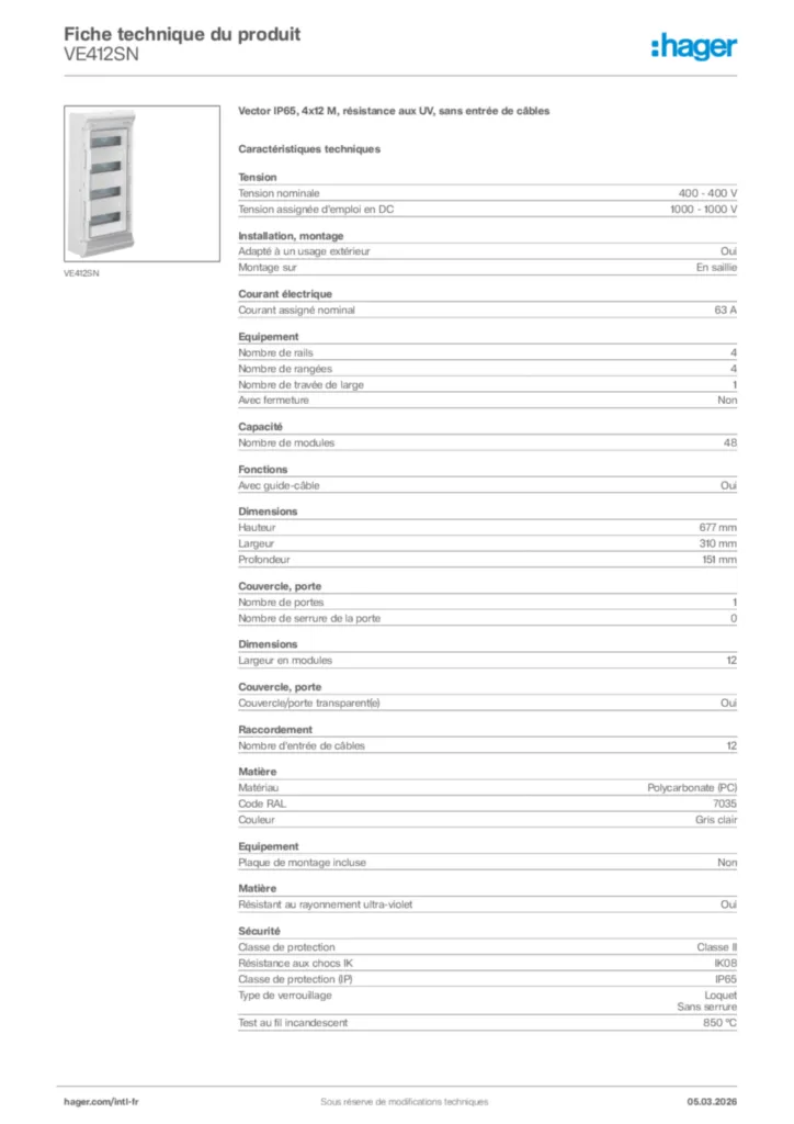 Image Hager Fiche technique du produit VE412SN | Hager Afrique
