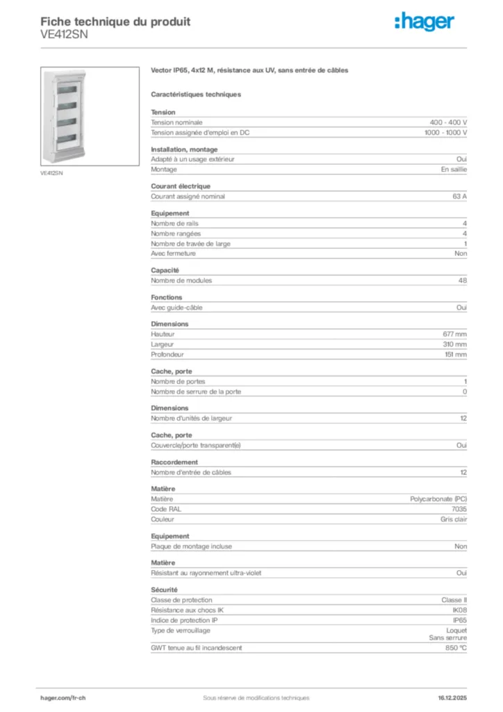 Image Hager Fiche technique du produit VE412SN | Hager Suisse