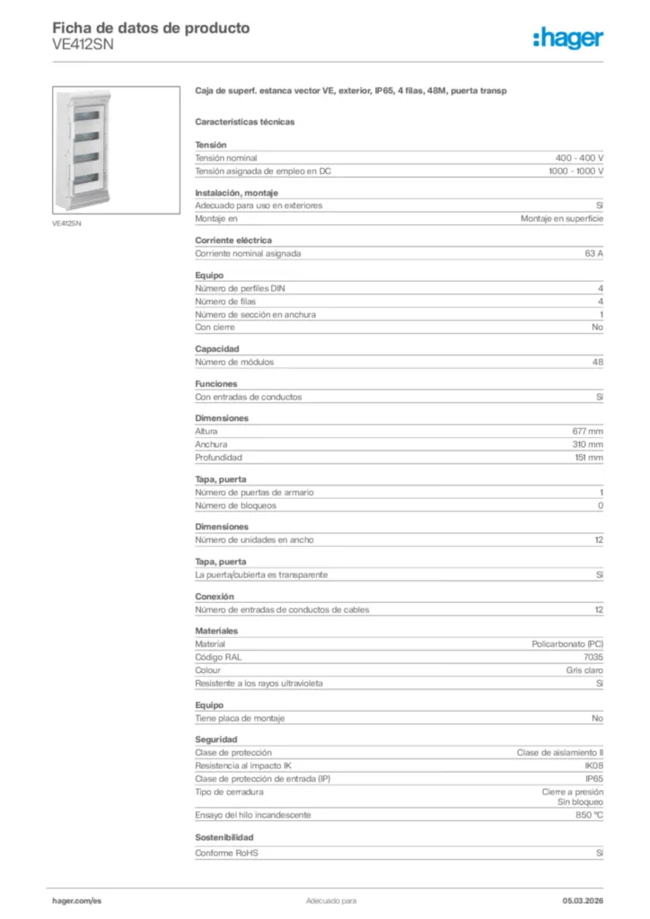 Imagen Hager Ficha de datos de producto VE412SN | Hager España