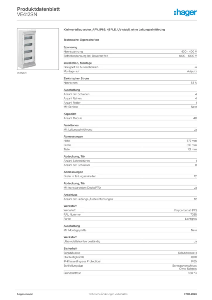 Bild Hager Produktdatenblatt VE412SN | Hager Deutschland