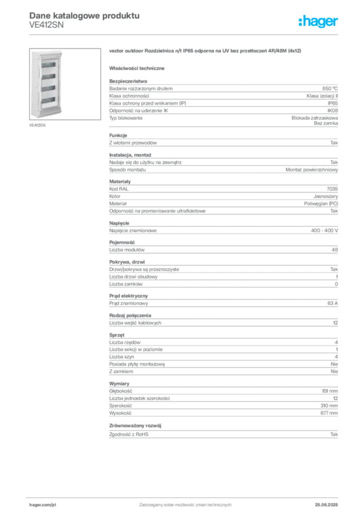 Zdjęcie Hager Karta katalogowa VE412SN | Hager Polska