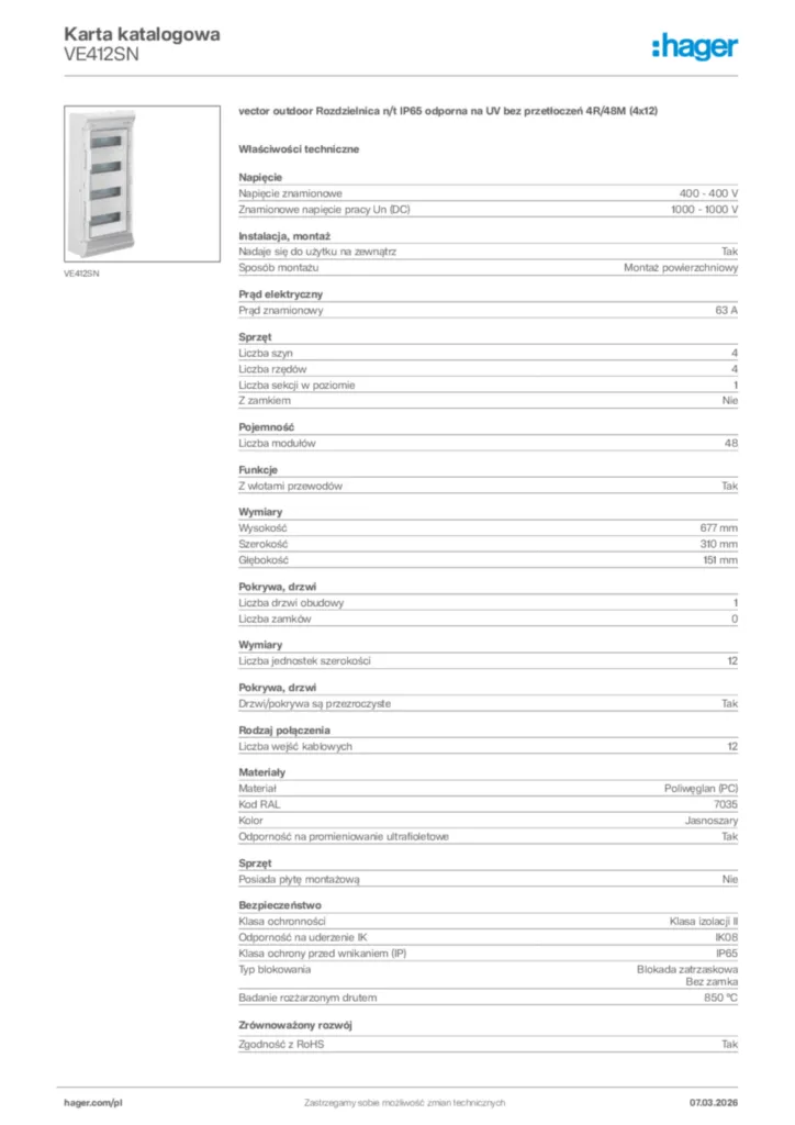 Zdjęcie Hager Karta katalogowa VE412SN | Hager Polska