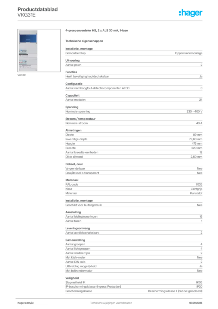 Afbeelding Hager Productdatablad VKG31E | Hager Nederland