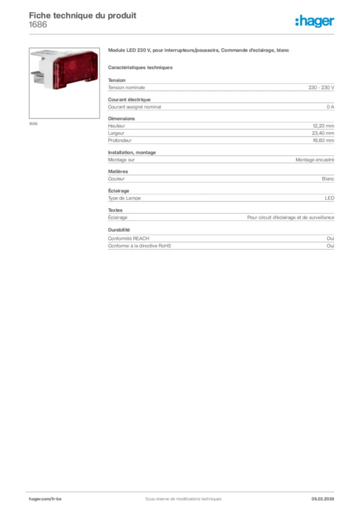 Image Hager Fiche technique du produit 1686 | Hager Belgique