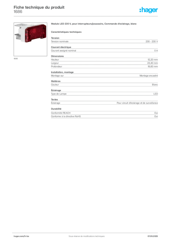 Image Hager Fiche technique du produit 1686 | Hager Belgique