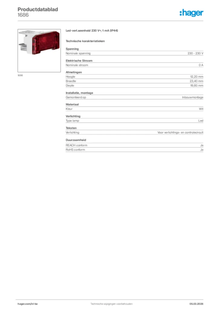 Afbeelding Hager Productdatablad 1686 | Hager Belgium