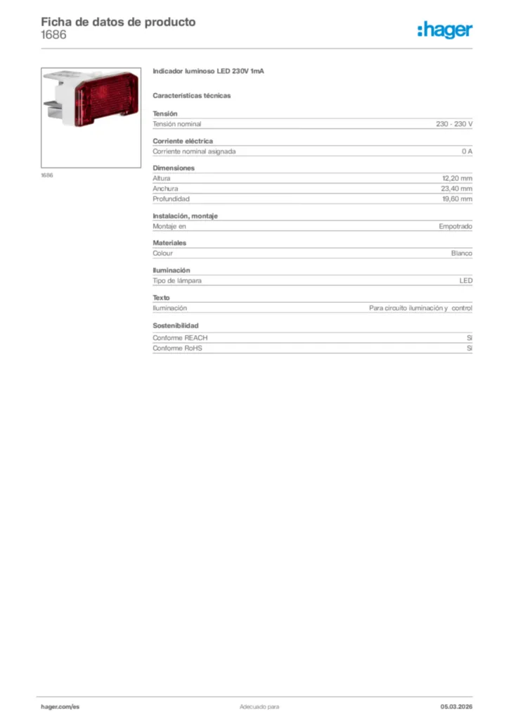 Imagen Hager Ficha de datos de producto 1686 | Hager España