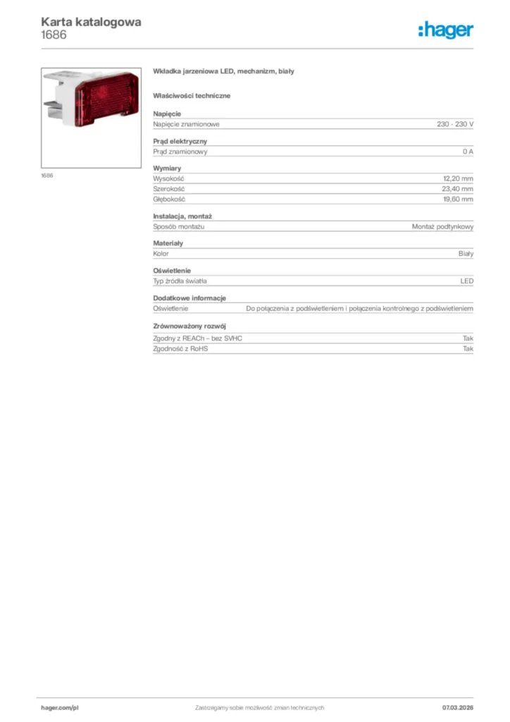 Zdjęcie Hager Karta katalogowa 1686 | Hager Polska