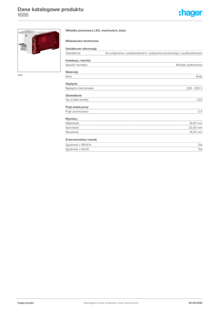 Zdjęcie Hager Karta katalogowa 1686 | Hager Polska