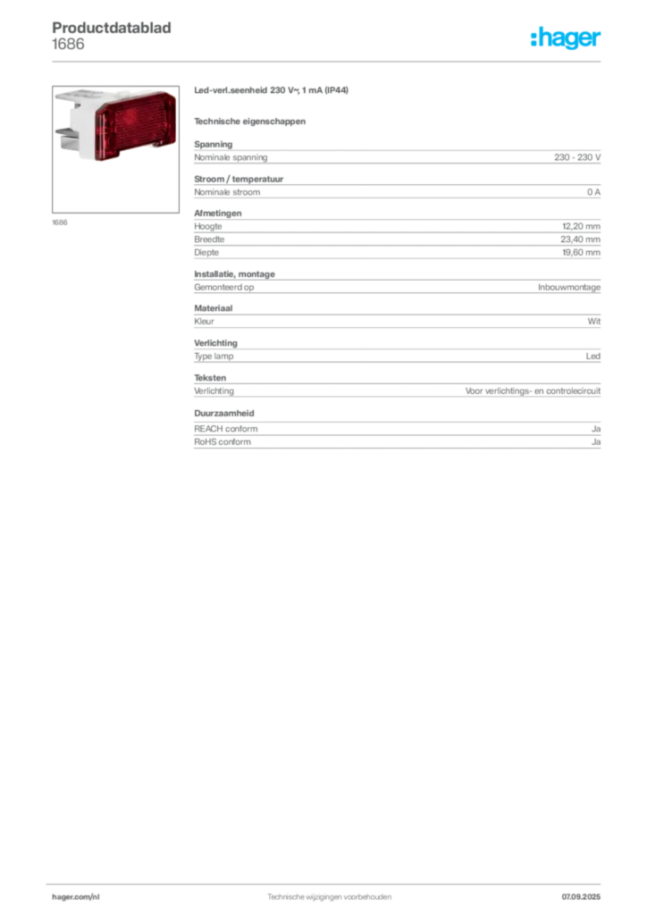 Afbeelding Hager Productdatablad 1686 | Hager Nederland