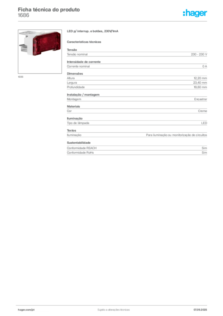 Imagem Hager Ficha técnica do produto 1686 | Hager Portugal