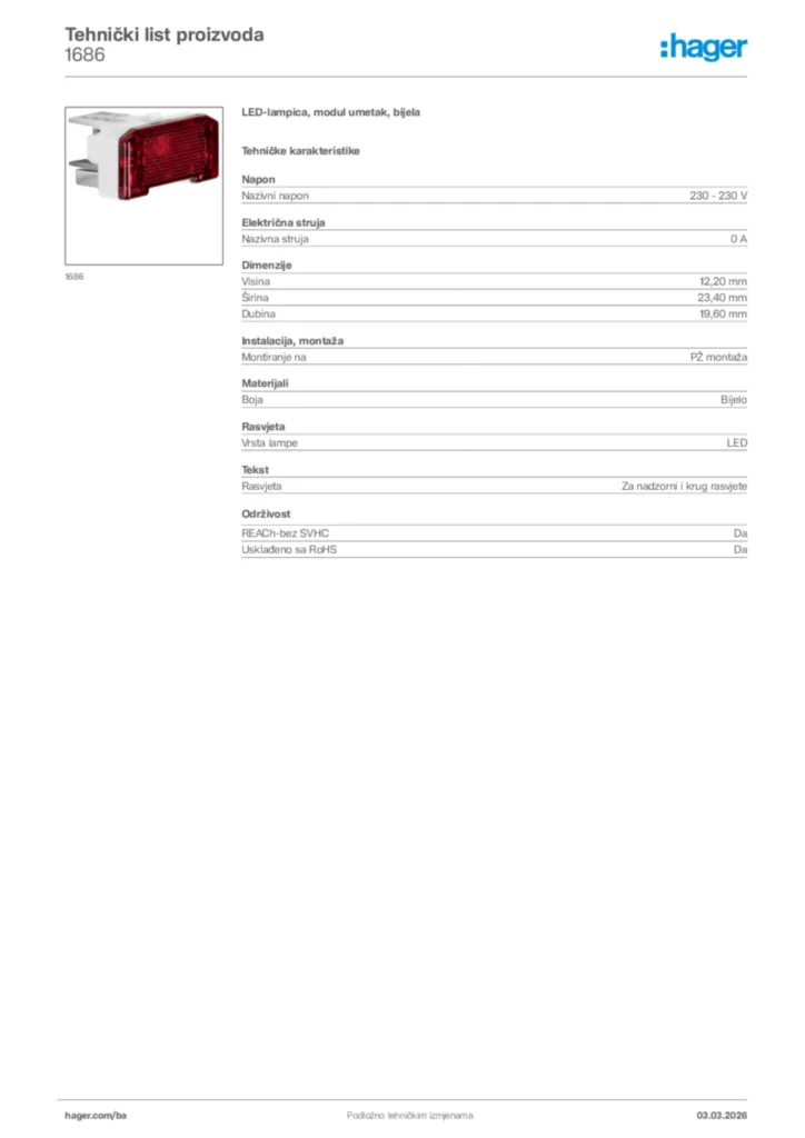 Slika Hager Tehnički list proizvoda 1686  | Hager