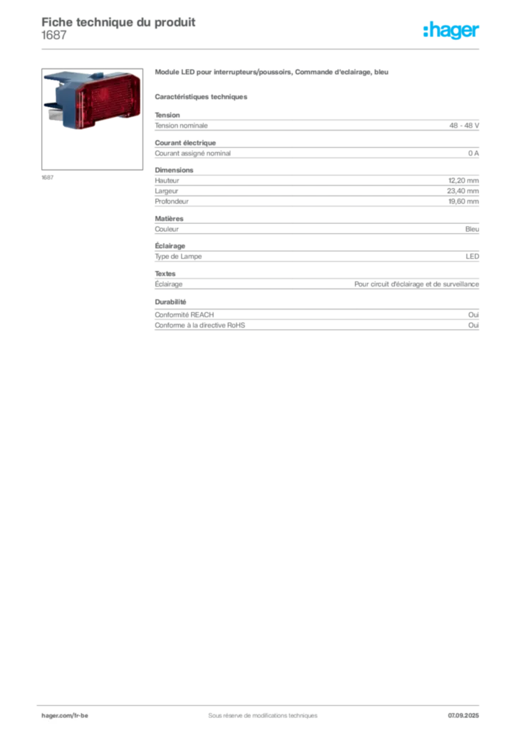 Image Hager Fiche technique du produit 1687 | Hager Belgique