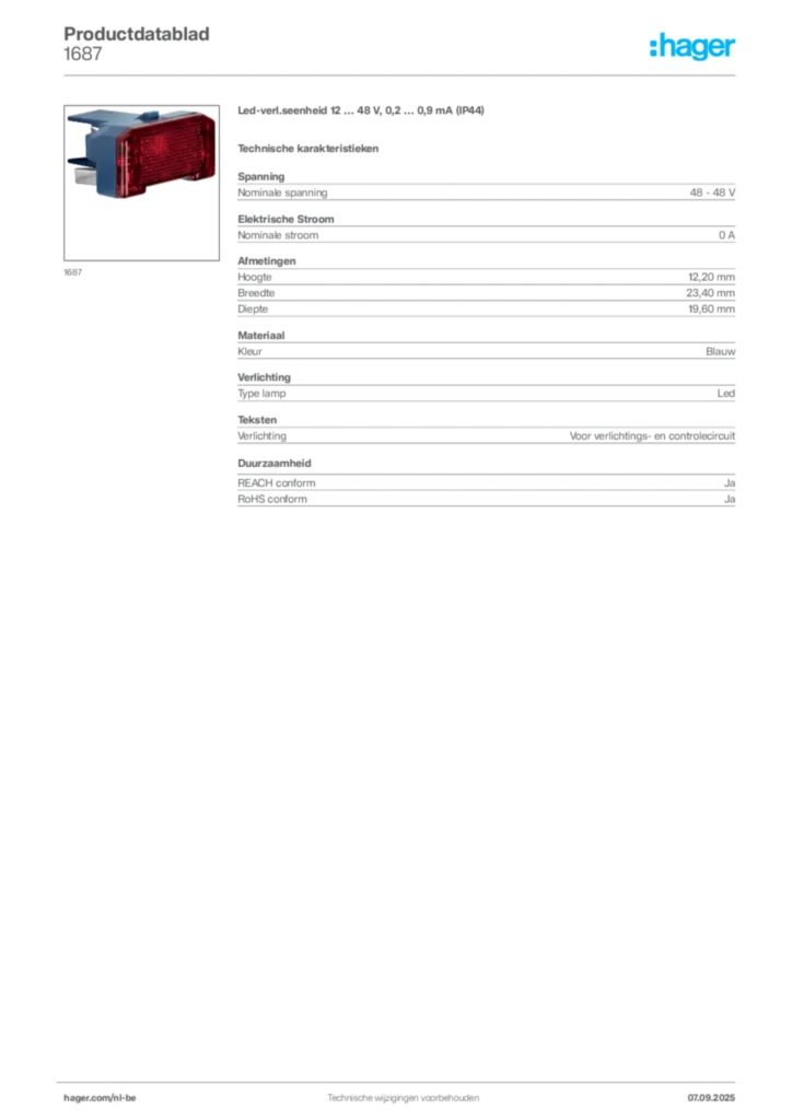 Afbeelding Hager Productdatablad 1687 | Hager Belgium