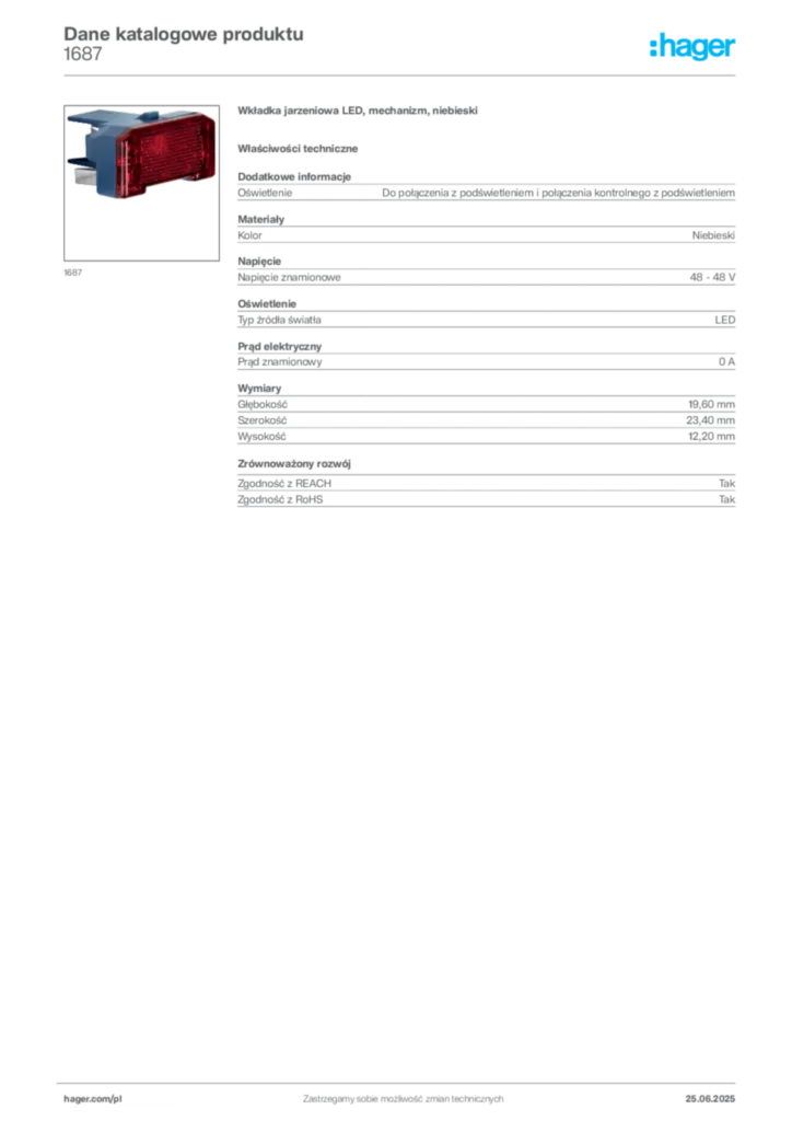 Zdjęcie Hager Karta katalogowa 1687 | Hager Polska