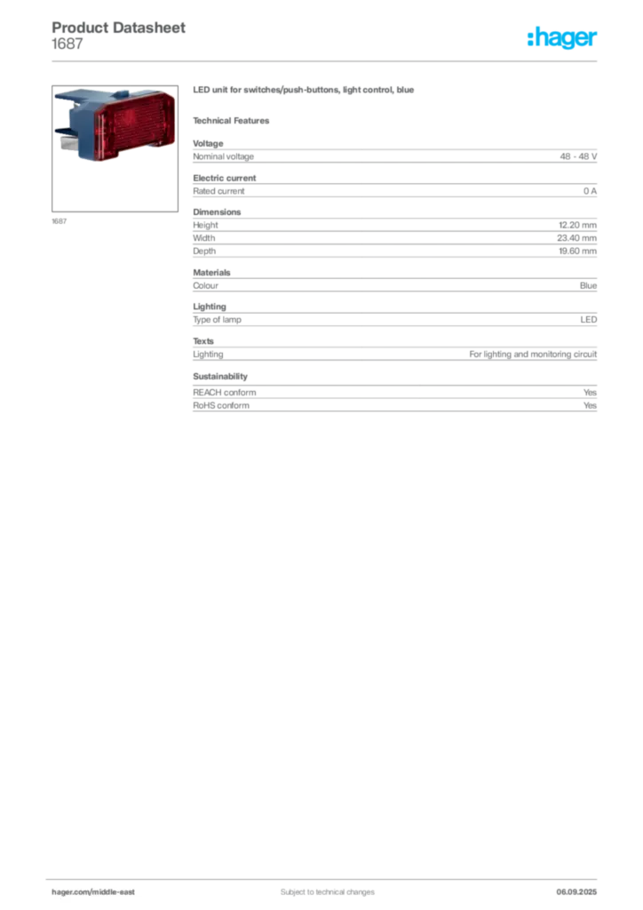 Image Hager Product data sheet 1687  | Hager