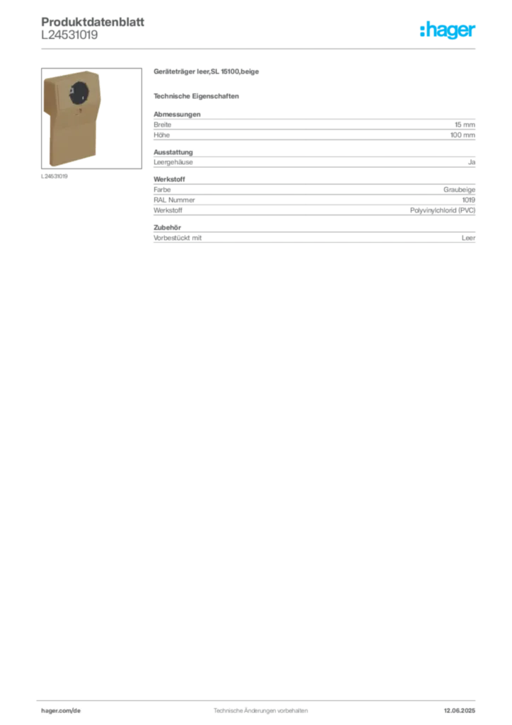Bild Hager Produktdatenblatt L24531019 | Hager Deutschland