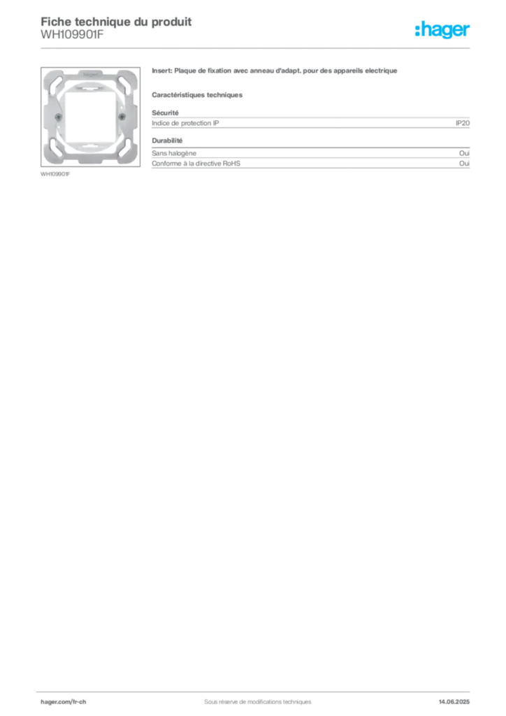 Image Hager Fiche technique du produit WH109901F | Hager Suisse