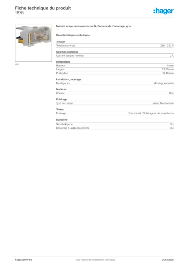 Image Hager Fiche technique du produit 1675 | Hager Belgique