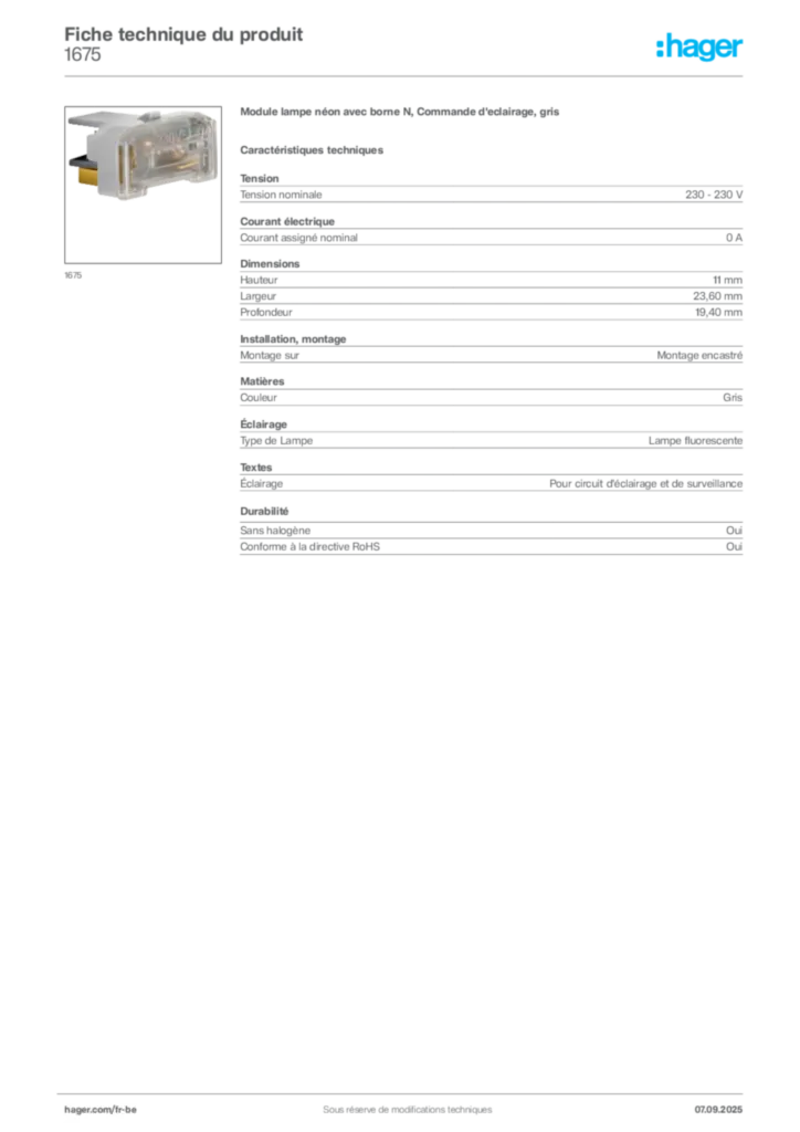 Image Hager Fiche technique du produit 1675 | Hager Belgique