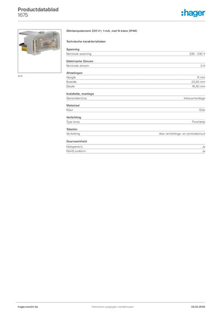 Afbeelding Hager Productdatablad 1675 | Hager Belgium