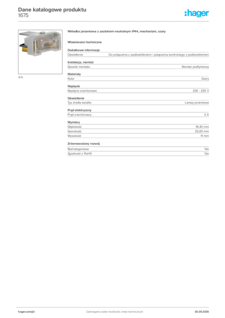 Zdjęcie Hager Karta katalogowa 1675 | Hager Polska
