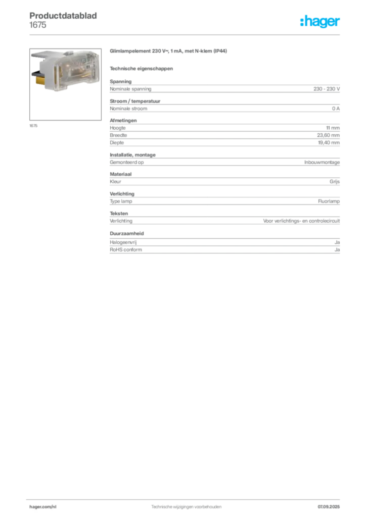 Afbeelding Hager Productdatablad 1675 | Hager Nederland