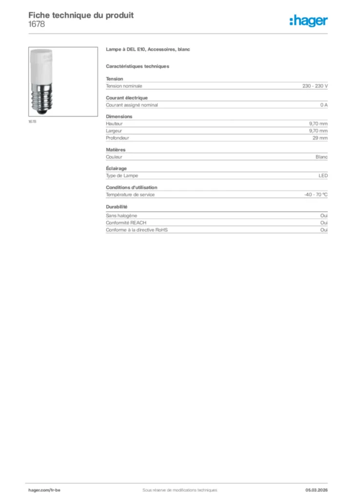 Image Hager Fiche technique du produit 1678 | Hager Belgique